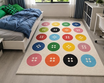 Rainbow Circles Rug for Kids, Cream Base Multicolor Dot Carpet, Playful Bedroom Rug, Colorful Nursery Classroom Accent Rug, Boys Girls Room
