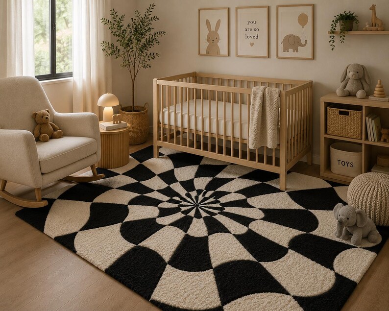 May include: A rectangular area rug featuring a high-contrast black and cream geometric pattern with a central radial design. The rug has a textured, tufted surface and covers the floor space in front of a wooden crib and a beige rocking chair.