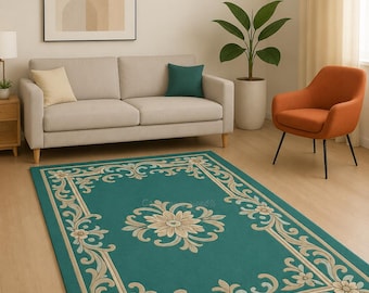 Teal Floral Area Rug, Vintage Inspired Ornamental Carpet, Elegant Living Room Accent
