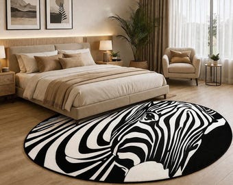 Oval Zebra Print Rug, Modern Plush Animal Carpet, Black White Area Home Decor