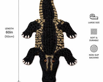 Crocodile Shaped Area Rug, Black Gold Hand Tufted Wool Alligator Carpet 33x60in, Wildlife Kids Room Living Room Decor