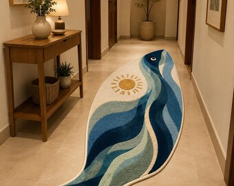 Whale Fish Shape Rug, Blue Ocean Wave Carpet, Ombre Nautical Floor Mat, Ombre Blue Coastal Rug, Kids Beach Themed Room Decor, Novelty Rug