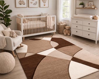Modern Abstract Geometric Area Rug, Beige Brown Cream, Scandinavian Style Carpet