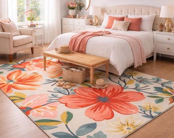 Hand-Tufted Wool Floral Area Rug, Coral Pink Botanical Carpet, Modern Living Room Decor