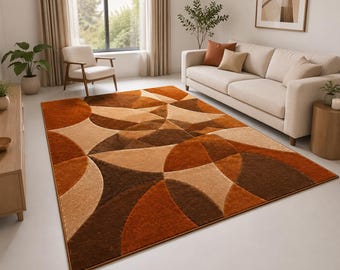 Terracotta Abstract Wave Area Rug, Hand Tufted Wool Carpet, Rust Brown Earth Tone Mid Century Living Room Decor Custom Size
