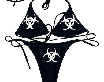 Biohazard Bikini Set Y2K Gothic Aesthetic Black String Swimsuit