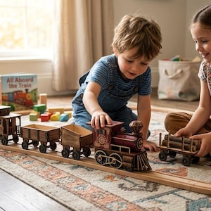 Op de afbeelding: Een houten speelgoedtreinset met een rood-bruine locomotief, verschillende goederenwagons en een houten spoor. De set staat op een patroonkleed en twee kinderen spelen ermee. Een boek met de titel "All Aboard the Train" is zichtbaar.