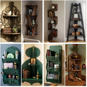 May include: Collection of corner shelves in various designs and colors. Includes dark wood, black, and green shelves. Some shelves are decorated with books, plants, and decorative items. Ideal for home decor and storage.