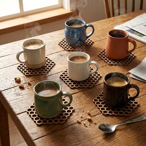 Puede incluir: Cinco tazas de cerámica de varios colores, incluyendo azul, terracota, blanco, verde y marrón oscuro, llenas de una bebida caliente y colocadas sobre posavasos de madera con forma de panal en una mesa de madera con una cuchara de plata.