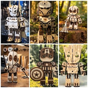 Può includere: Una collezione di sei action figure articolate realizzate in legno chiaro con dettagli marrone scuro tagliati al laser. Le figure rappresentano vari personaggi di supereroi, tra cui un eroe a tema pipistrello, una tuta robotica, un eroe ragno, un mercenario mascherato, un eroe con scudo e un personaggio simile a un albero.