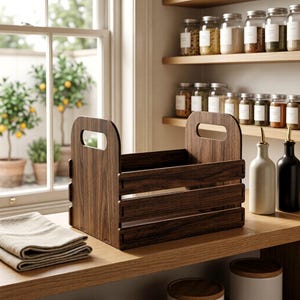 May include: A dark brown wooden crate with a handle on each end. The crate has horizontal slats and is sitting on a wooden shelf. Two folded beige towels are in front of the crate. A window and shelves with jars are in the background.