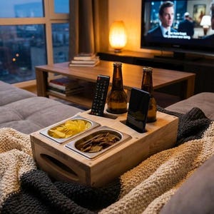Könnte beinhalten: Ein rechteckiges Snack-Tablett aus hellem Holz mit zwei eingelassenen Metallbehältern für Snacks, zwei runden Aussparungen für braune Glasflaschen sowie einem Schlitz für eine schwarze Fernbedienung und ein schwarzes Smartphone.
