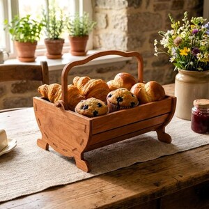 May include: A rectangular wooden bread basket with a curved handle and four small feet, filled with a variety of golden-brown croissants and blueberry muffins. The basket features horizontal slats and a warm, natural wood grain finish.