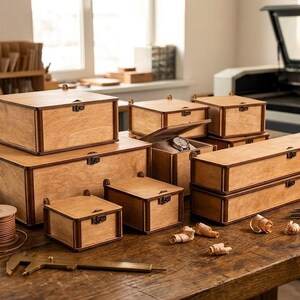 Puede incluir: Una colección de cajas rectangulares de madera de varios tamaños, cada una con un acabado marrón claro, bordes de madera más oscura y un pequeño cierre metálico en la parte frontal. Las cajas están sobre una superficie de madera junto a un carrete y un calibre.