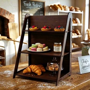 May include: A dark wooden display stand in a bakery, showcasing pastries and baked goods. The stand holds fruit tarts, macarons, a jar of almond spread, croissants, and cinnamon rolls. A sign reads "Chef's Specials."
