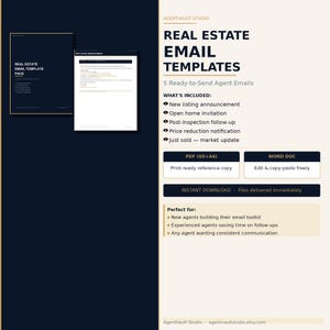 Può includere: Una presentazione di prodotto digitale per modelli di email immobiliari di AgentVault Studio. Include una copertina blu scuro e un'anteprima di documento bianca. Il testo elenca cinque tipi di email, formati PDF e Word e download immediato.