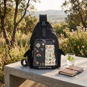 Könnte beinhalten: Ein schwarzer Sling-Rucksack mit einer transparenten Vordertasche, in der ein Naturführer, mehrere Emaille-Anstecknadeln und kleine Steine zu sehen sind. Der Rucksack hat einen schwarzen Schnallenriemen, Seitentaschen und den Markennamen DUOCIYUAN.