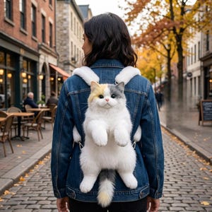 May include: A plush backpack shaped like a calico cat with white, grey, and cream fur. The cat has a realistic face, upright ears, and a long tail hanging down. It features white padded shoulder straps and is worn over a blue denim jacket.