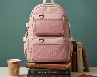 May include: A pink backpack with two front pockets featuring mesh panels and D-ring accents. The backpack has adjustable straps and white buckles. It is sitting on a stack of books, next to a coffee cup and keys.