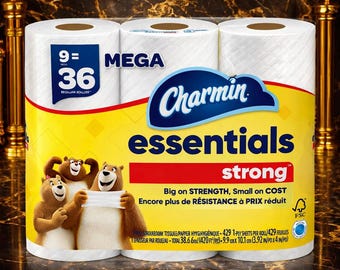 Charmin Essentials Strong Toilet Paper – 9 Mega Rolls (36 Regular) Soft & Durable Family Pack