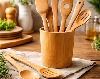 Bamboo Cooking Utensil Set with Holder, Wooden Kitchen Tools, Nonstick Safe, Eco Friendly