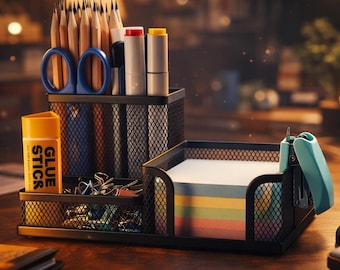 Mesh Pen Organizer 3 Compartments Metal Pencil Storage with Sticky Notes Holder