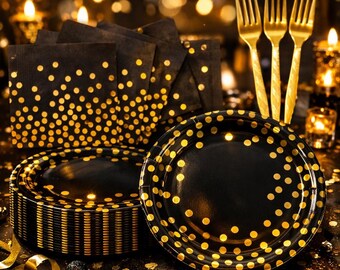 75 delar vitguldprickiga papperstallrikar och servetter – Engångsservis för fester och evenemang