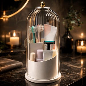 May include: A clear glass cloche-style bathroom organiser with a gold finial. Inside, a white organiser holds toothbrushes, toothpaste, a razor, and other toiletries. The organiser sits on a white base, with a dark background.