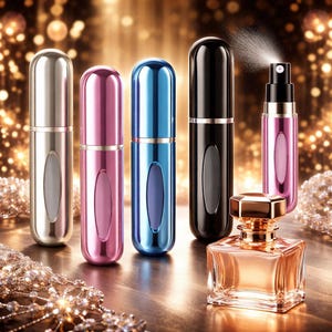 Puede incluir: Una variedad de atomizadores de perfume en plata, rosa, azul y negro, junto con un frasco de perfume cuadrado con tapa dorada. Los atomizadores tienen un diseño cilíndrico elegante con una ventana ovalada. Se ve un spray de perfume.