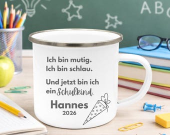 Taza esmaltada para escolares con afirmaciones, regalo personalizado para la vuelta al cole con nombre, idea de regalo perfecta para el inicio del curso escolar.