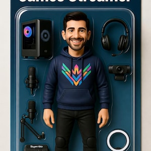 May include: A toy figure of a smiling man in a blue hoodie with a colorful logo, black pants, and sneakers. The packaging reads "James Streamer." Accessories include a computer, headphones, microphone, webcam, and a ring light. The figure is in a blue blister pack.
