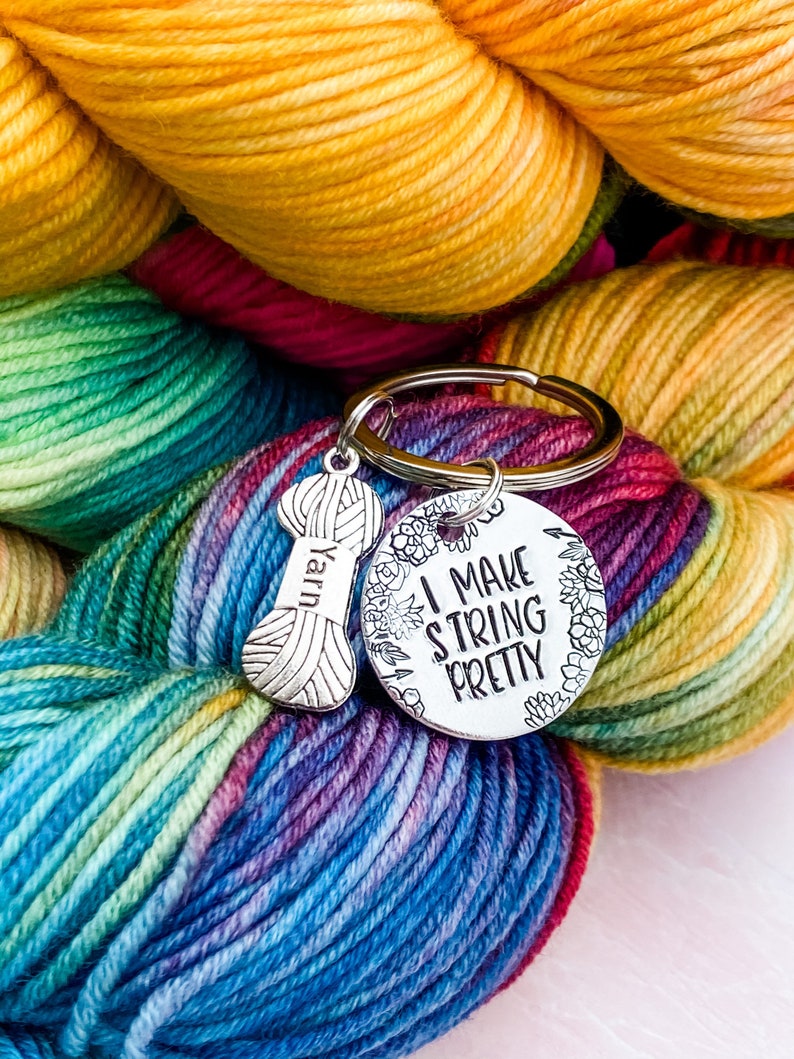 Hand Stamped I Make String Pretty keychaincrochetknityarn image 0