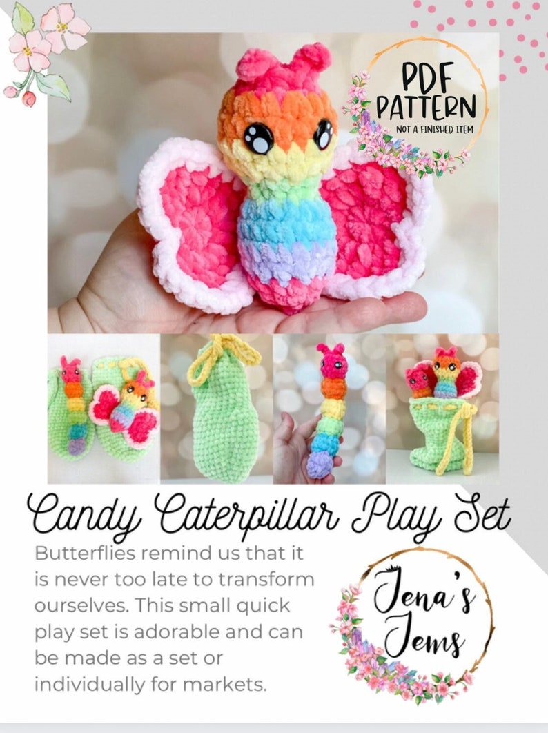 Crochet PATTERNCandy Caterpillar Play SetButterflyCrochet Tutorial-PDF Pattern-Market Makes-Handmade DIY image 1