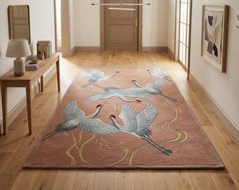 Handgetufteter Wollteppich mit Kranichmotiv, rosa orientalischer Art-Deco-Teppich