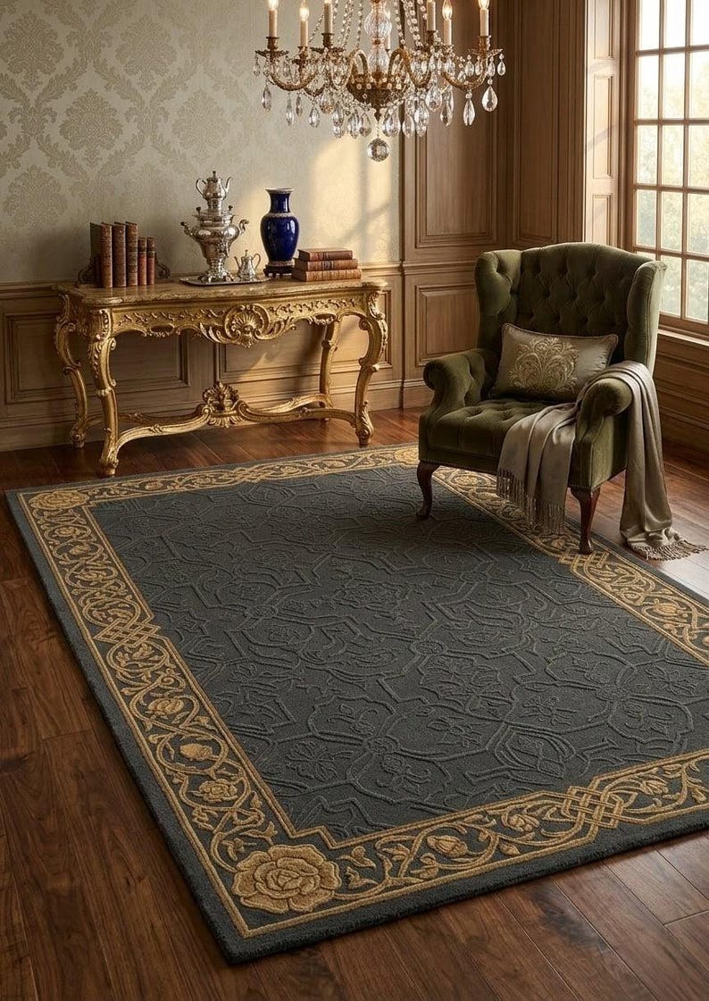 May include: A dark grey rectangular rug with an ornate gold border and floral pattern. The rug is placed on a dark wood floor in a room with a green armchair and a gold console table.