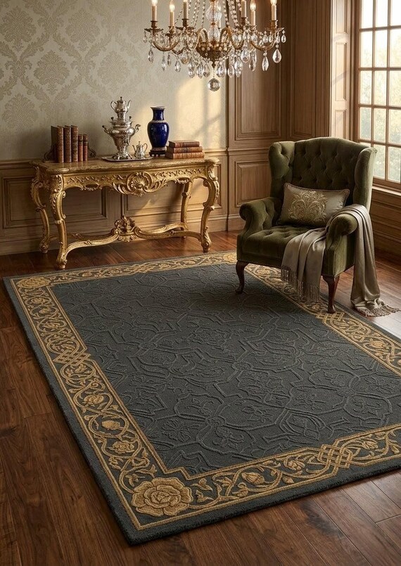 ArtisanCarpetRugs Luxury Dark Grey Wool Rug | Gold Greek Key Border Hand Tufted Carpet | High Low Embossed Texture Area Rug for Living Room