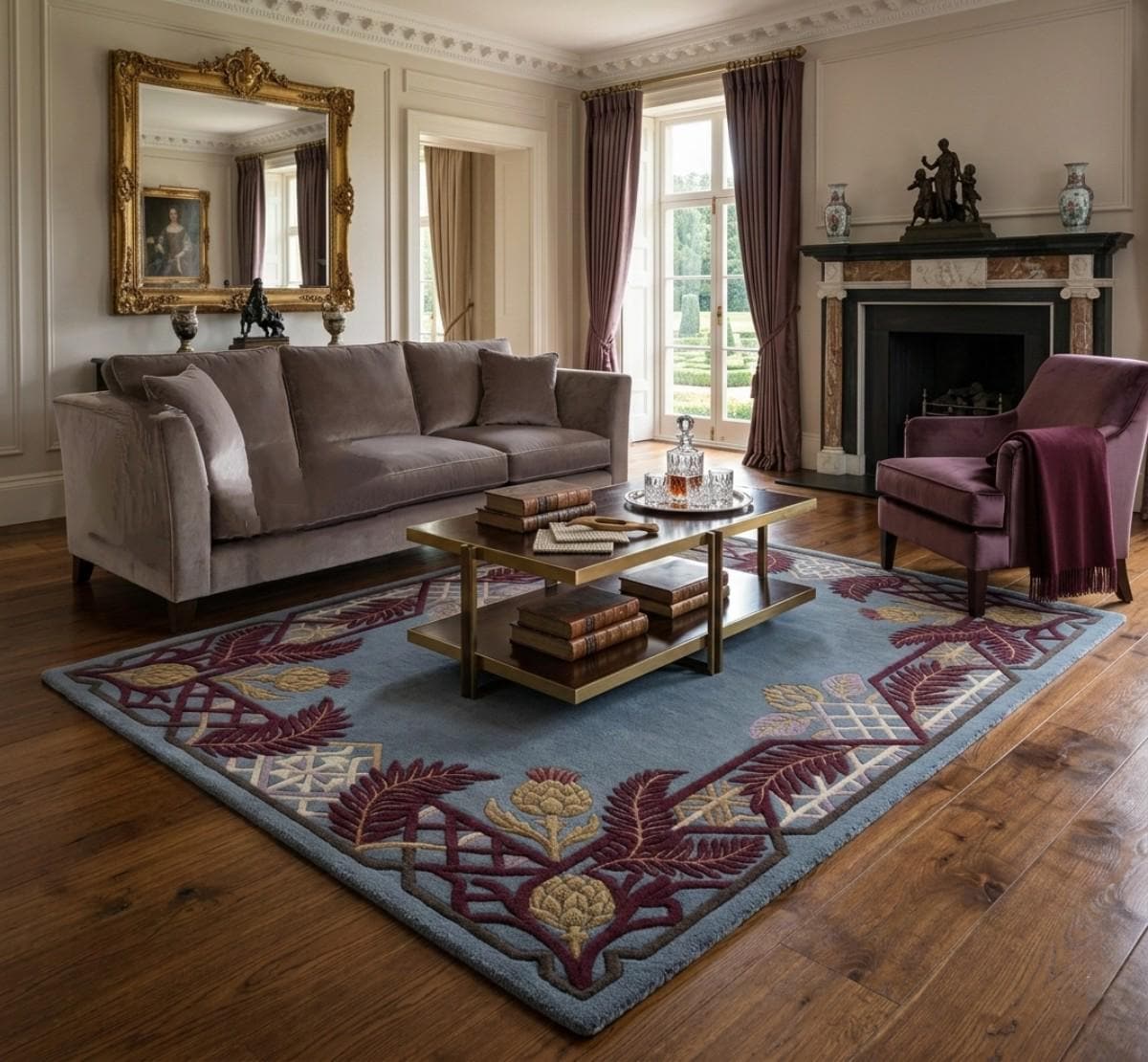 Thistle Rug Arts and Crafts Style Blue Wool Area Rug | Hand Tufted Floral Thistle ...