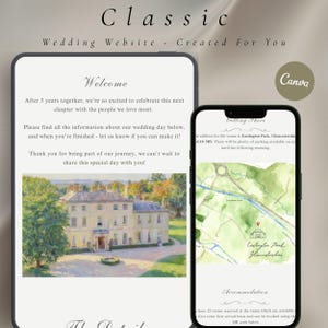 May include: Two smartphones displaying a wedding website. The left phone shows a welcome message and a picture of a building. The right phone displays a map and venue information. The website is labeled "Classic".