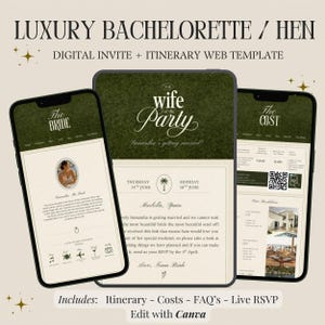May include: Digital bachelorette party invitation and itinerary template. The design features a tablet and two smartphones displaying the invitation details. The text includes "Luxury Bachelorette / Hen" and "The Wife of the Party."