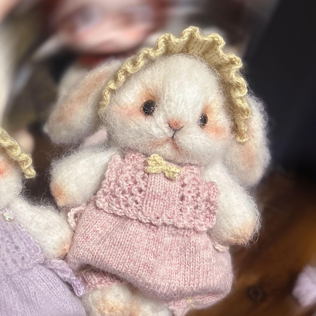 Hand-knitted Alpaca Wool Rabbit Doll, Custom Bunny With Romper, Forest ...