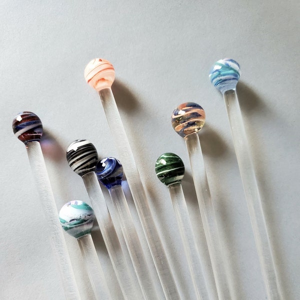 EIGHT PIECE SET. Handcrafted Unique Glass Swizzle sticks with multi colored ball on top
