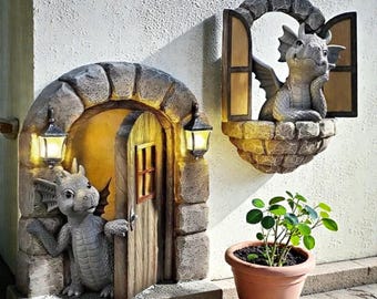 Conjunto de 2 mini estatuas de dragones para jardín, adornos de resina fantástica estilo gótico, decoración para jardín, linda escultura de dragón, decoración para patio y jardín.