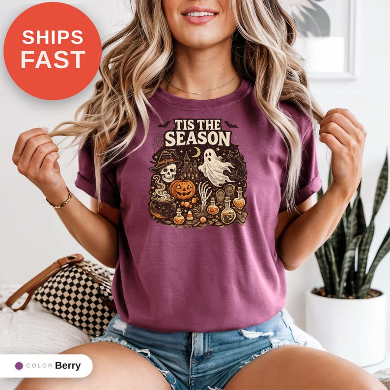 Vintage Halloween Comfort Colors Shirt, Tis the Season, Pumpkin Witch Graphic Tee, Women's Shirt, Skeleton Png, Novelty Humor Print image 11