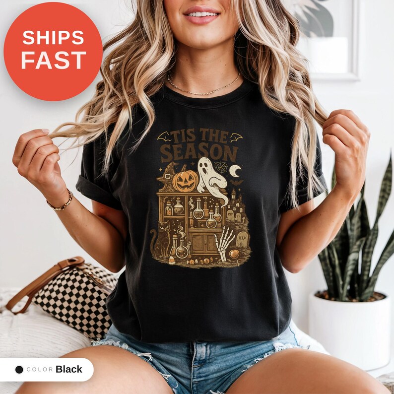 Vintage Halloween Comfort Colors Shirt, Tis the Season, Women's Shirt, Skeleton Png, Novelty Humor Print, Cotton Casual Wear, Gift for Women image 8