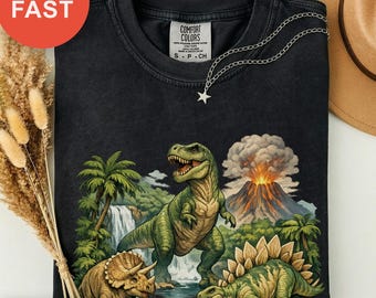 Camiseta de aventuras de dinosaurios, camiseta gráfica prehistórica, top vintage de naturaleza, camiseta de T-Rex de la era jurásica, diseño de estegosaurio, estampado de triceratops