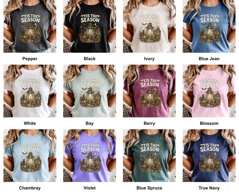 Grid of this shirt in each available color, each printed with "Haunted Harvest Lantern" across the chest.