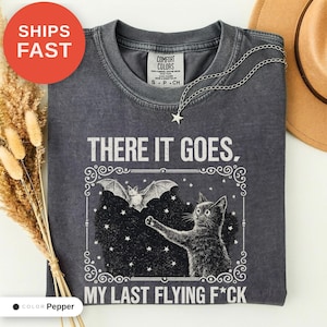 Skeleton Bat Cat Graphic Tee, Spooky Season Humor Print (Comfort Colors) image 1
