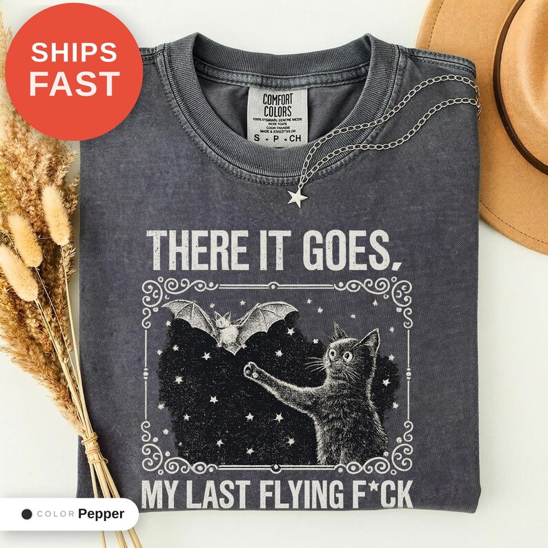 Skeleton Bat Cat Graphic Tee, Spooky Season Humor Print (Comfort Colors) image 1