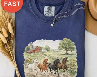 Galloping Stallions Shirt, Horse Lover's Tee, Rustic Country T-shirt, Nature Inspired Top, Farm Animal Gift, Stallion Lover Tee
