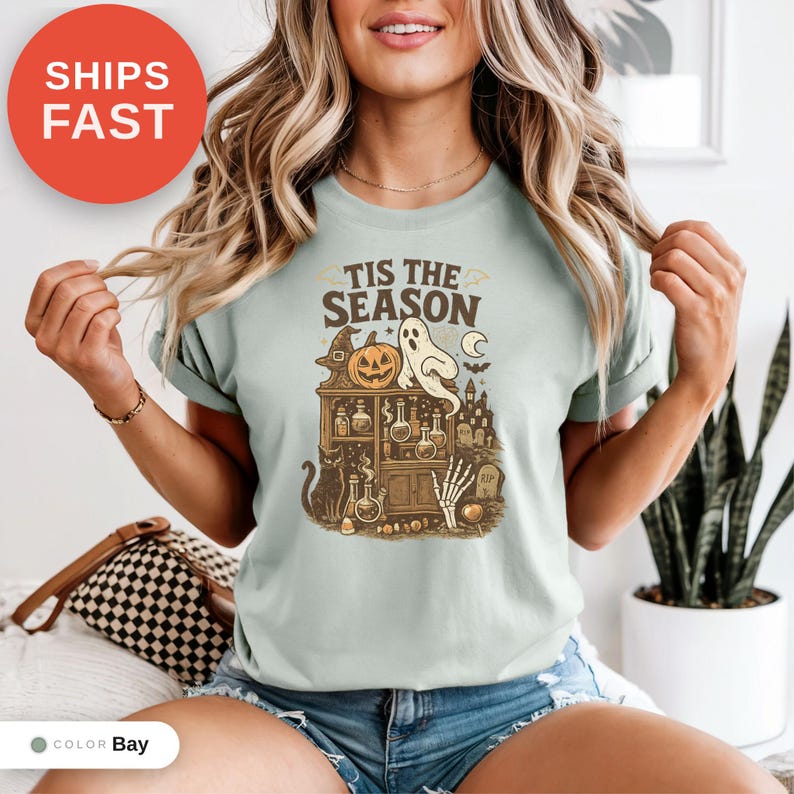 Vintage Halloween Comfort Colors Shirt, Tis the Season, Women's Shirt, Skeleton Png, Novelty Humor Print, Cotton Casual Wear, Gift for Women image 6